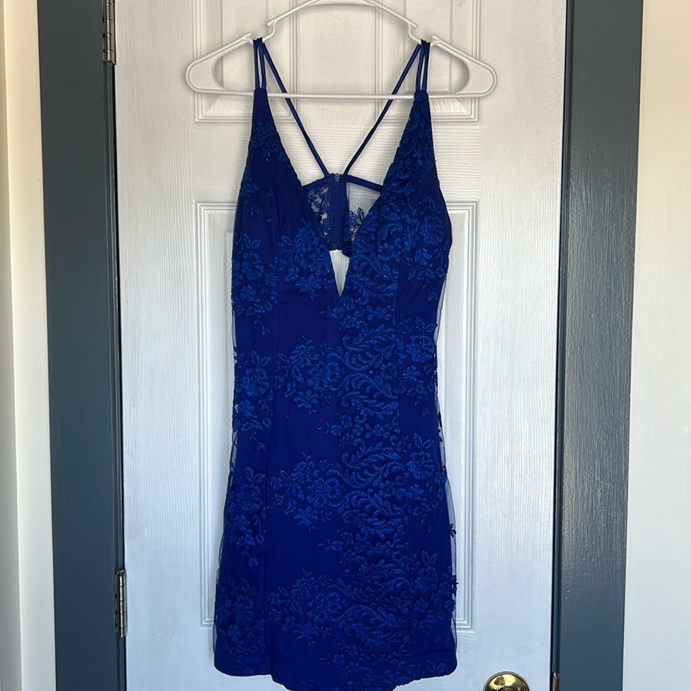 Promgirl Royal Blue Lace Open Back Mini Dress